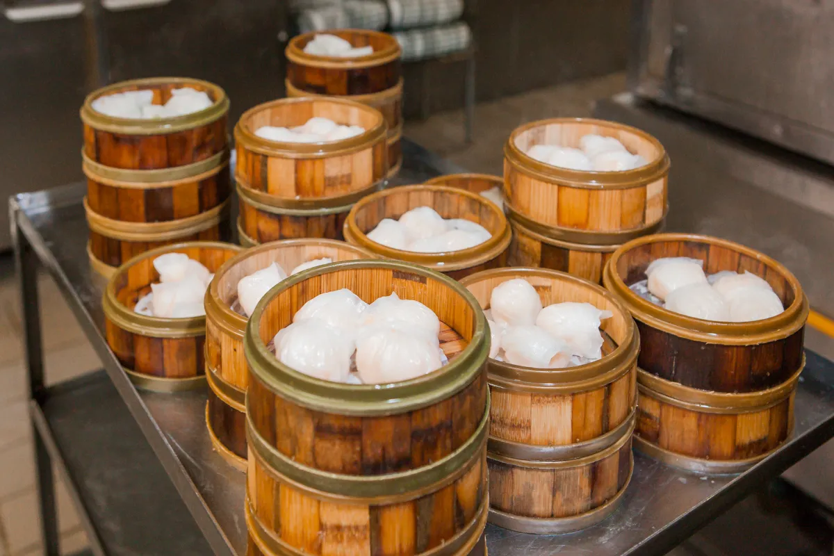 Dim sum in bamboo steamers at Jing Fong