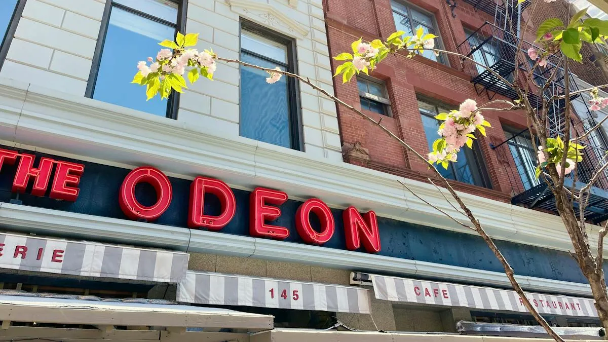 The Odeon neon sign and striped awning